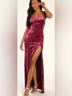Lulus Velvet Burgundy Slip Dress with Thigh Slit medium prom
